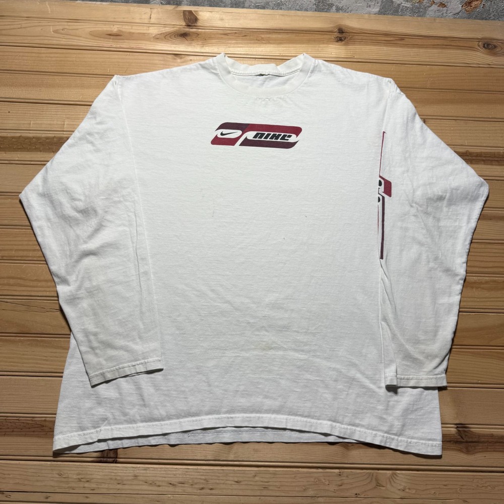 Vintage 90s Nike Mini Swoosh Spellout Logo Graphic Long Sleeve Shirt Men's XL