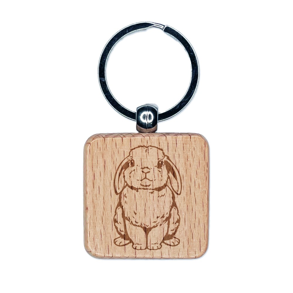 Lop Eared Bunny Rabbit Engraved Wood Square Keychain Tag Charm
