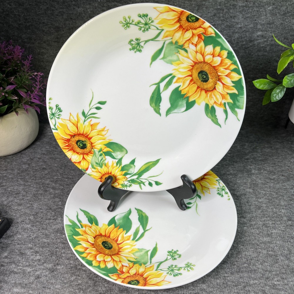 Royal Norfolk Sunflower Printed Stoneware 7.5” Salad Side Plates Set of 2