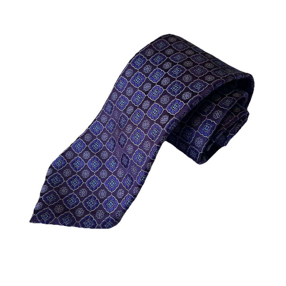 Canali XL Silk tie 63” Extra Long Purple Blue Medallion Geometric Woven Italy
