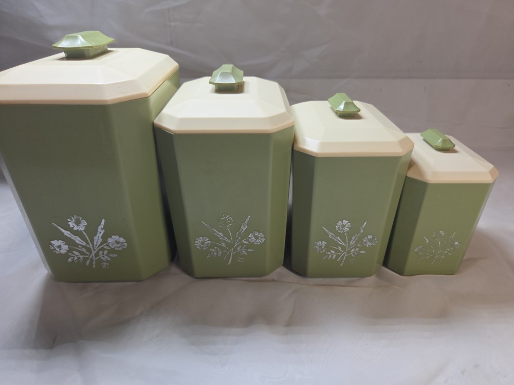 VTG, Avocado Green Canister Set 4 sizes White floral front lighter lids StackingMCM, BOHO