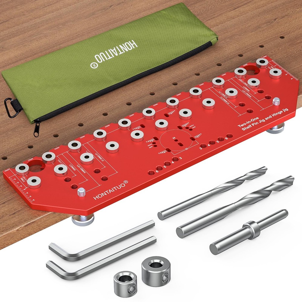 11-Hole Shelf Pin Jig and Hinge Jig 2-in-1,1/4 Inch and 5mm Shelf Pin Drillin...