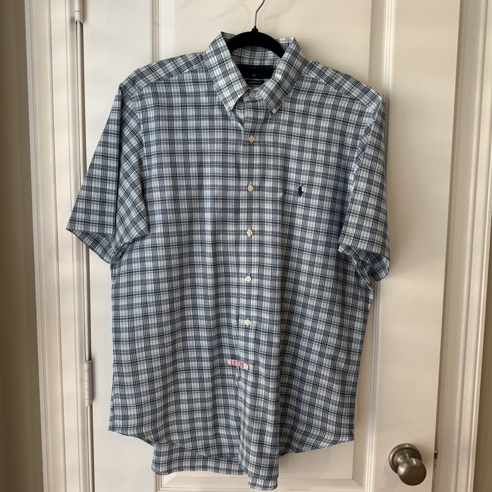 Ralph Lauren Shirt Mens Large Blue Plaid Classic Fit Short Sleeve Cotton Camp