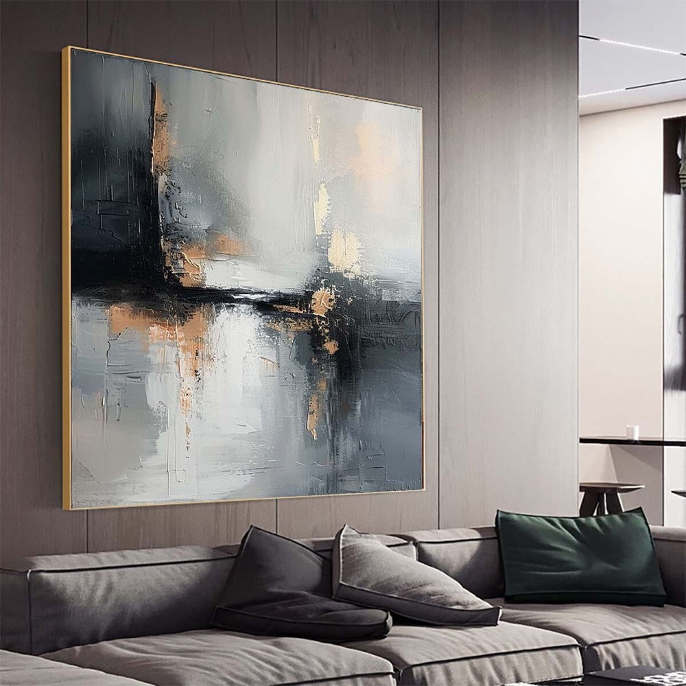 Modern Handmade Abstract Oil Painting on canvsa Living Room Gray black