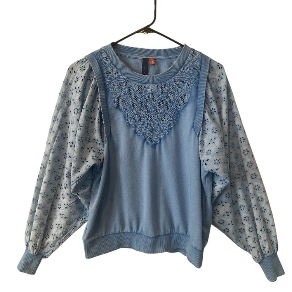 Pilcro Anthropologie Eyelet Sleeves Lace Sweatshirt Feminine Washed Blue XS