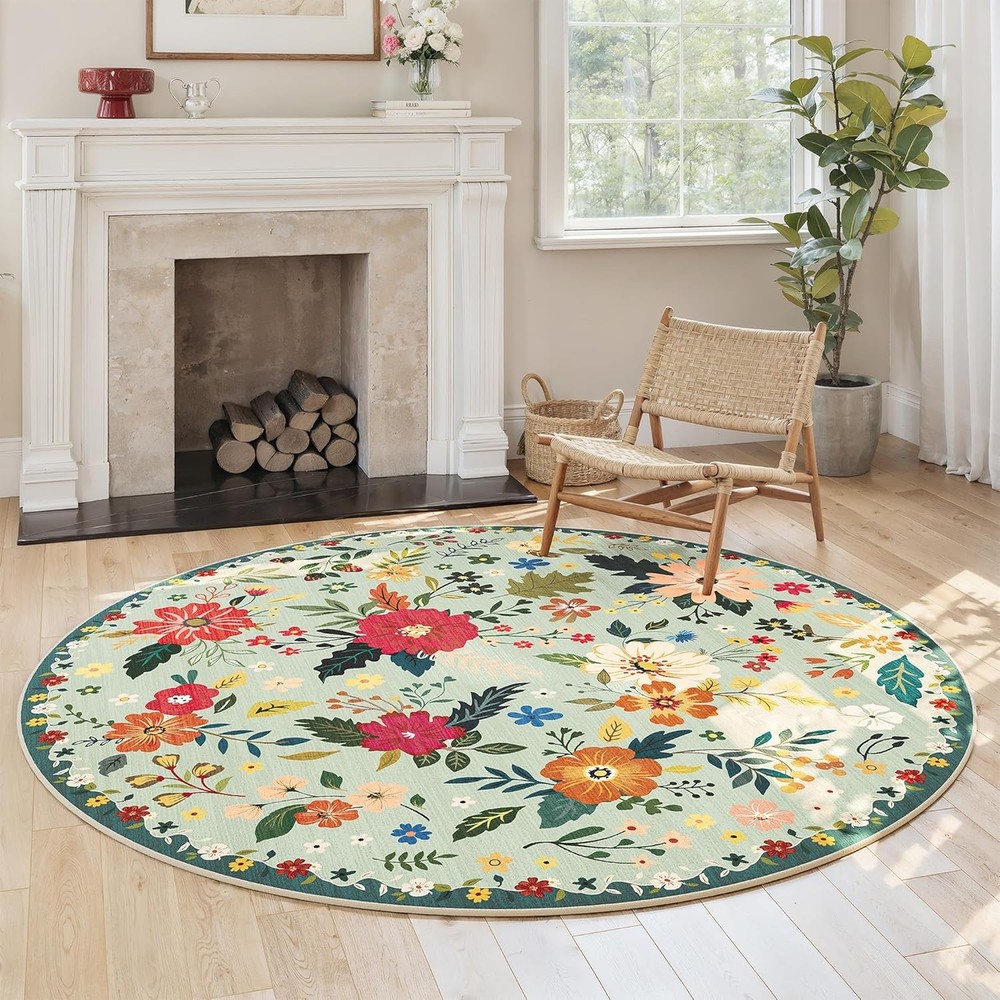 5ft Round Rug Green Floral Washable Soft Non Slip Boho Circle Area Low Pile