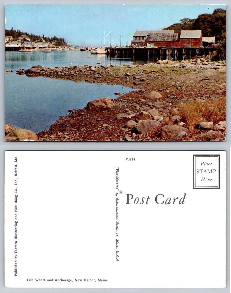 New Harbor Maine Fish Wharf Anchorage Plastichrome Postcard Vtg 1950s