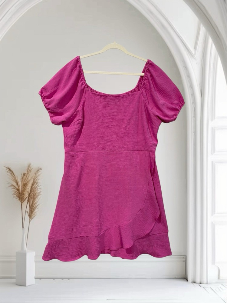 Derek Heart Women’s Faux Wrap Pink Puff Sleeve Dress Size 2X Elastic Waist