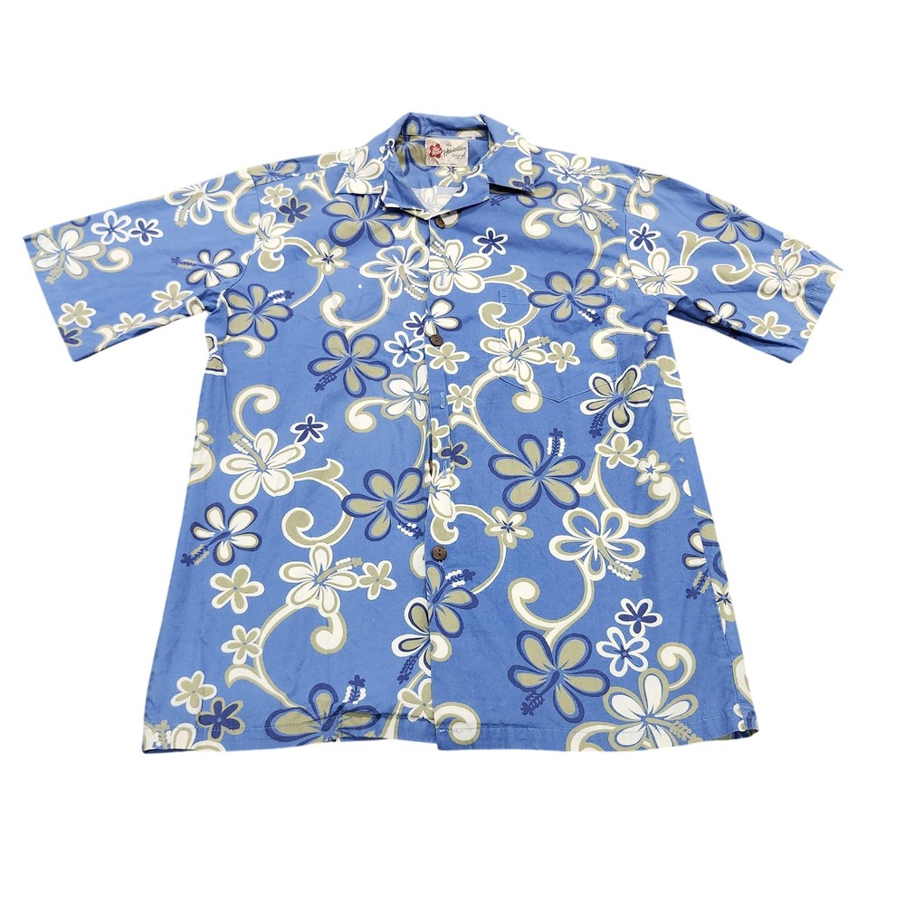 Hilo Hattie Shirt Mens Small Blue Floral Short Sleeve Button Hawaiian Tropical