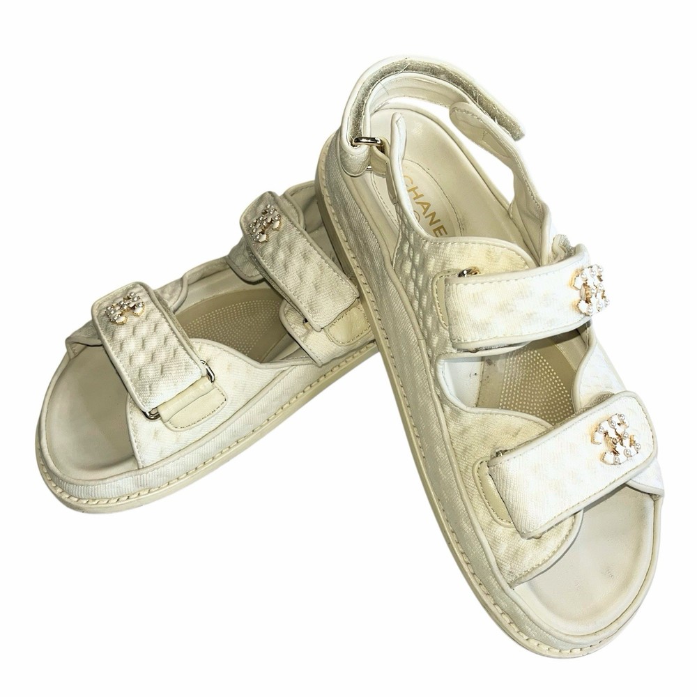 CHANEL Slide Women Sz 9-9.5 US Ivory Knit Interlocking CC Logo Mule Strap Flat
