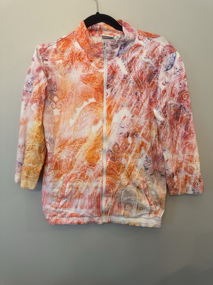 Weekends by Chico's orange/multi cotton blend 3/4 sleeve zip-fron Size 2=L