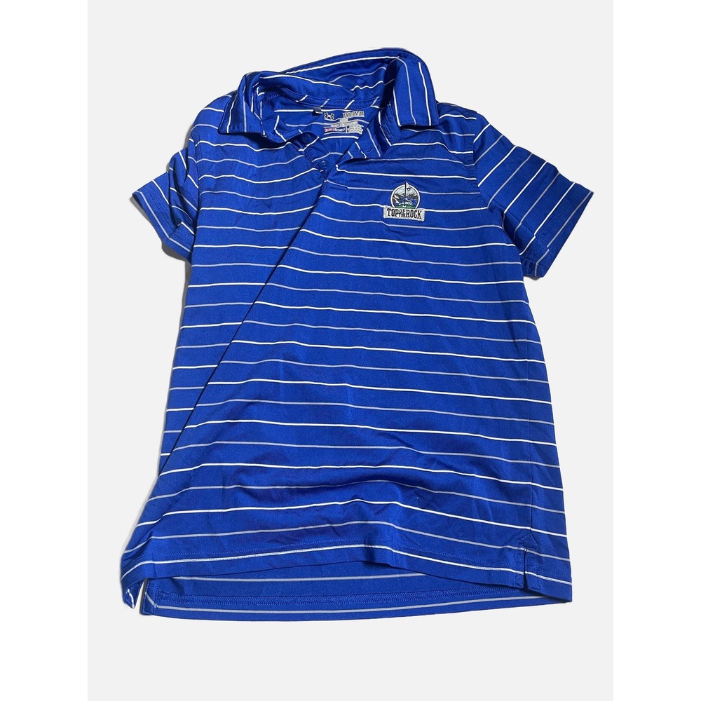 Under Armour Polo Shirt Boys Medium Blue Striped HeatGear Short Sleeve Golf Top