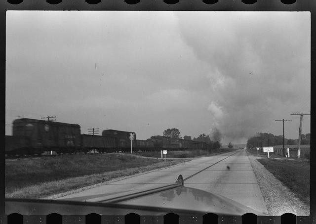Photo:1930s Freight Train Railroad Crossing Road View from Car