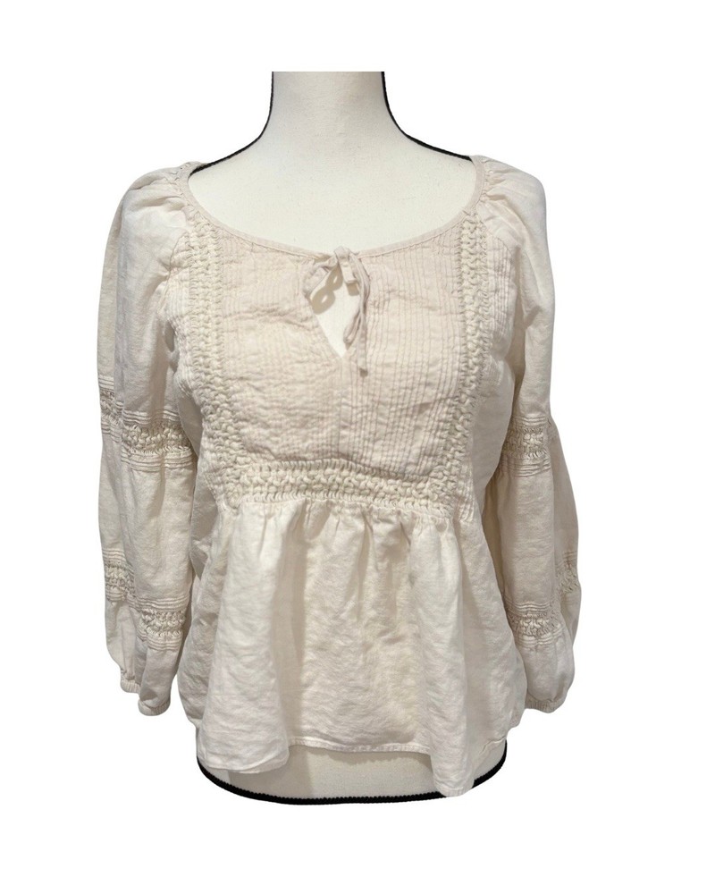 Madewell Ivory Smocked Crochet Peasant Blouse Square Neck Puff Sleeve Tie M