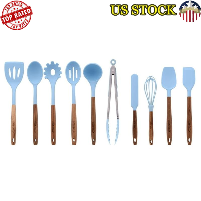 10-Piece Silicone Cooking Utensils Set Acacia Wood Handle High-Temp Tools New