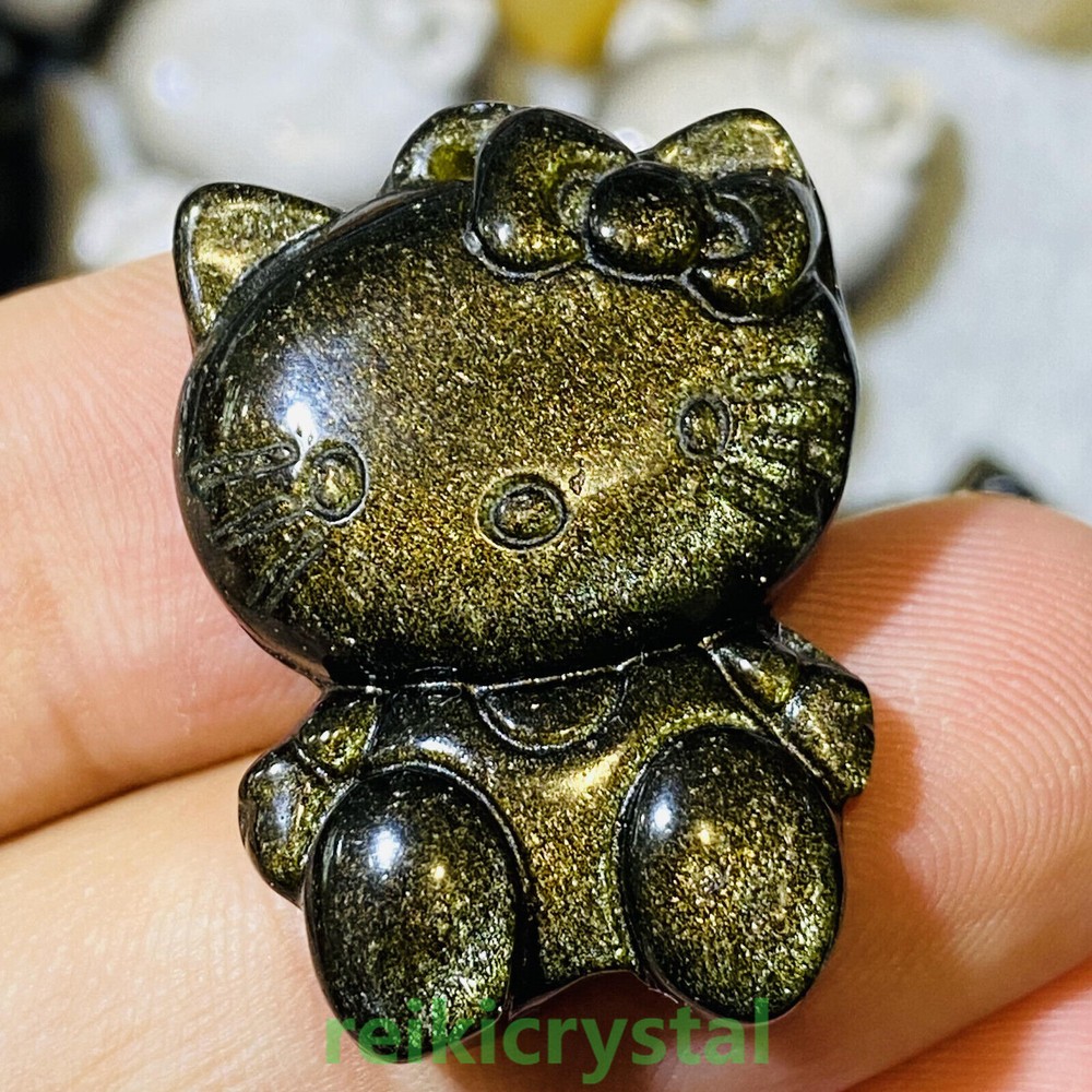 Natural Gold Obsidian Quartz Hand Carved Kitty Cat Skull Crystal Reiki healing