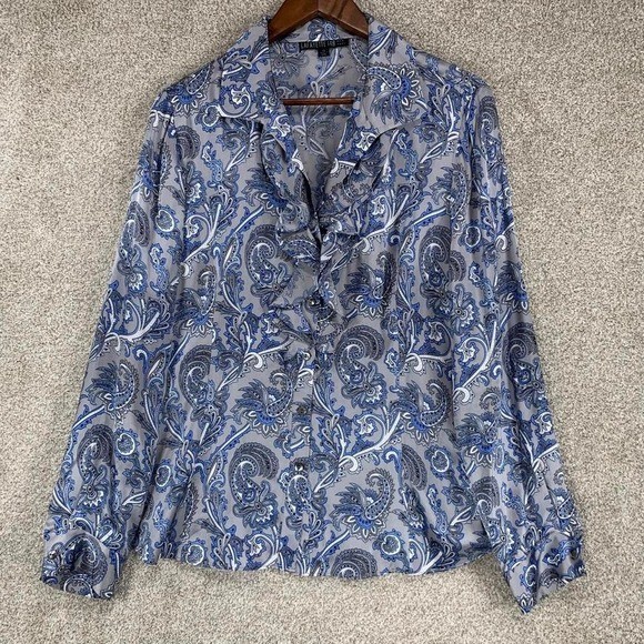 Lafayette 148 New York 100% Silk Ruffle Blouse Blue Grey Paisley Luxury *Stain*
