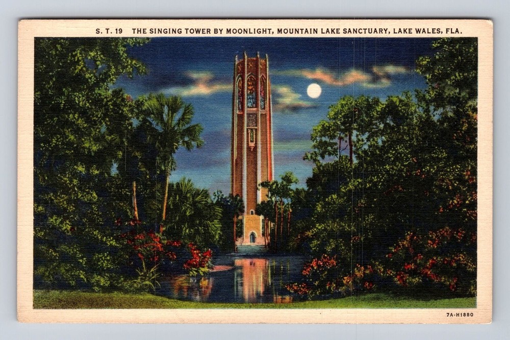 Lake Wales FL-Florida, Singing Tower by Moonlight, Sanctuary, Vintage Postcard
