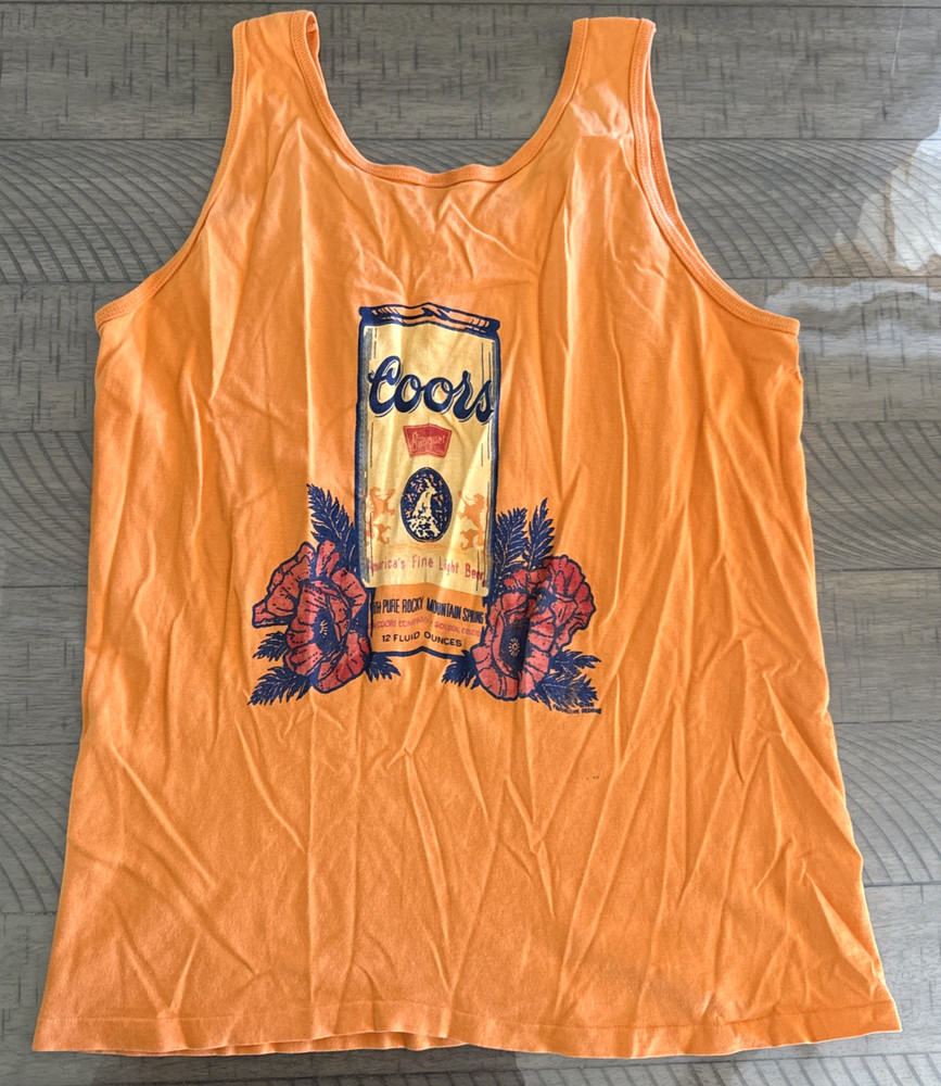 Vintage Coors Banquet Beer Tank Top Neon Orange Graphic USA Made 80s Retro