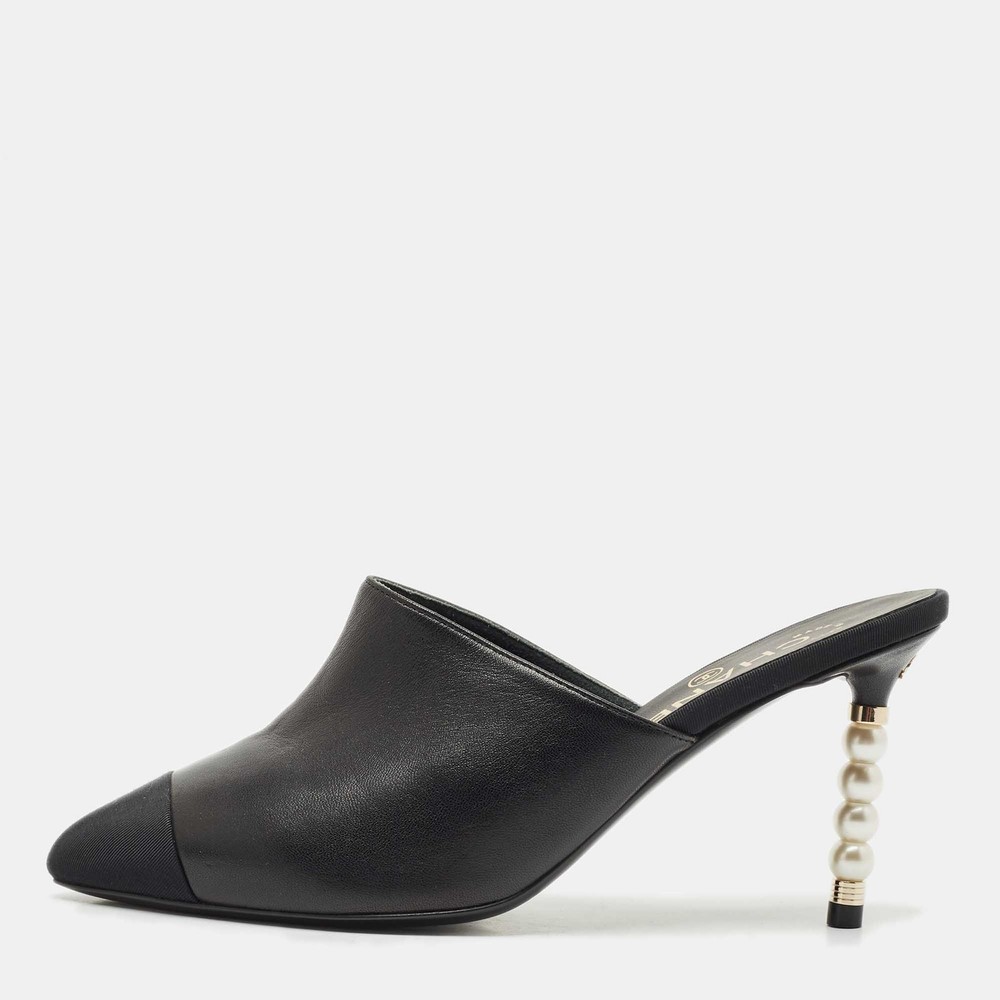 Chanel Black Leather Fabric Cap Toe CC Pearl Embellished Mules Size 35.5