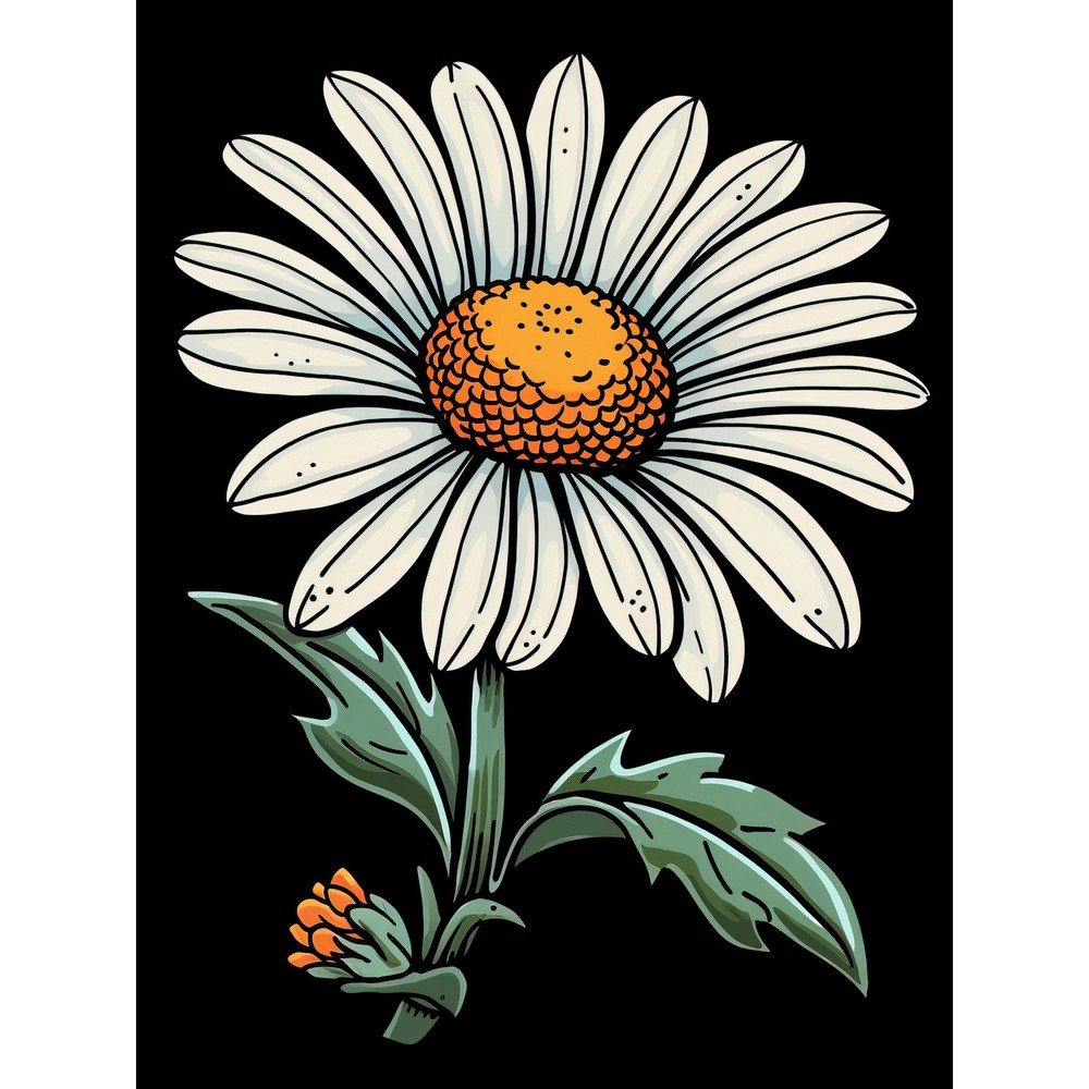 A Single Daisy Dark Old School Tattoo Americana 50s Huge Wall Art Print 18X24 In