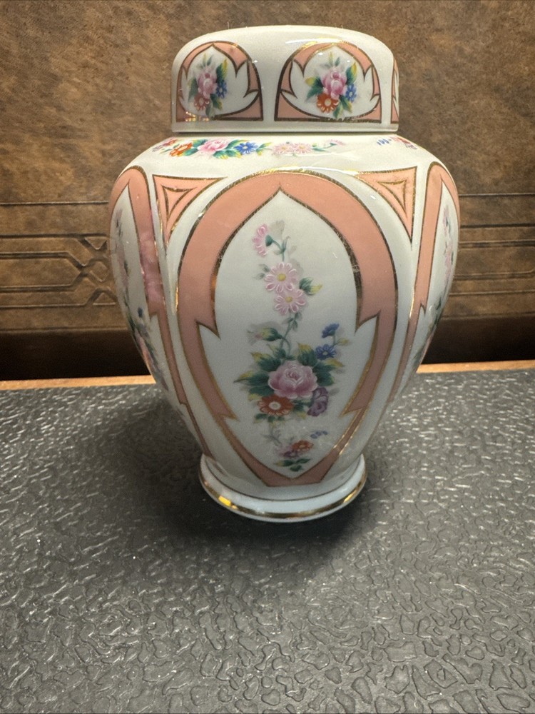 Lefton Ginger Jar Hand Painted White Pink & Gold Floral Flowers