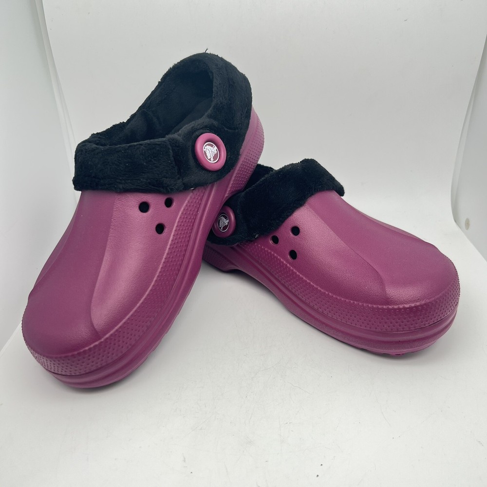 Crocs Purple With Black Faux Fur Lining Soft! Women’s 8/Mens 6 Lined Shoes