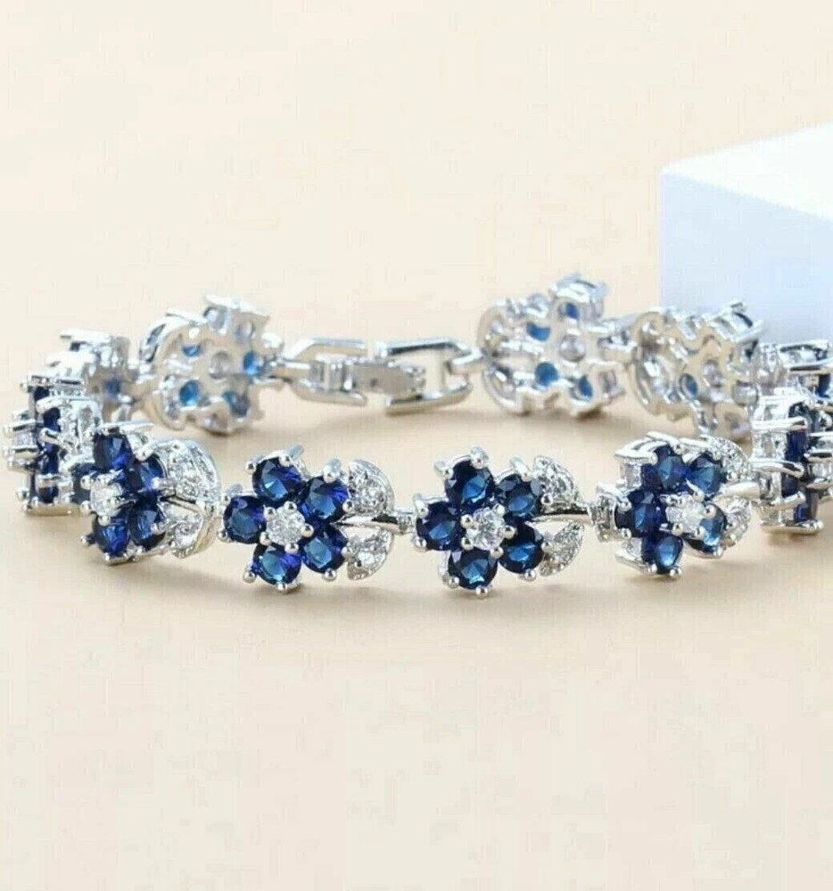 17Ct Round Cut Lab Created Blue Sapphire Tennis Bracelet 14K White Gold Plated