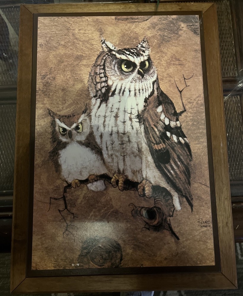 Vtg Screech Owl Framed Applique MCM Art Work Signed Richard Hinger 21