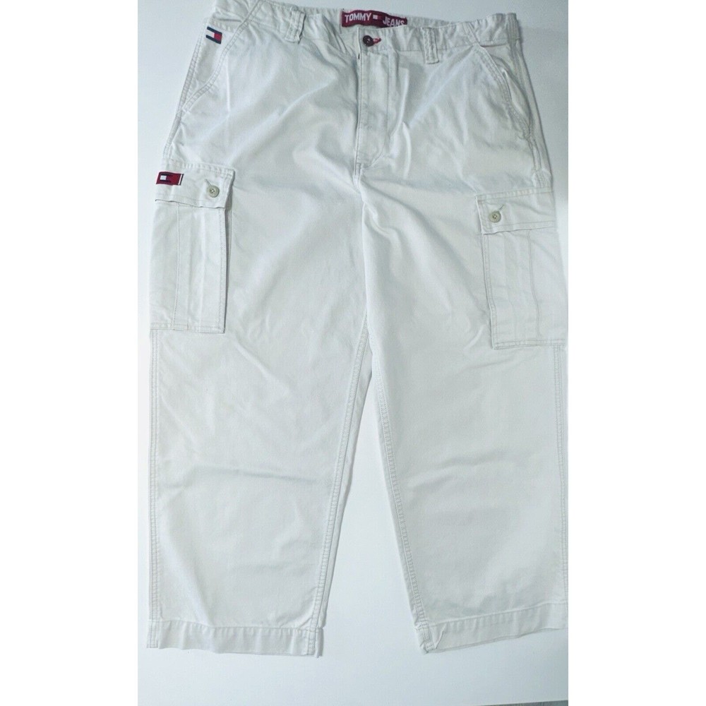 Vintage 90s Tommy Jeans Mens Baggy Wide Leg Cargo Pants 38 Khaki Skater Loose Fit