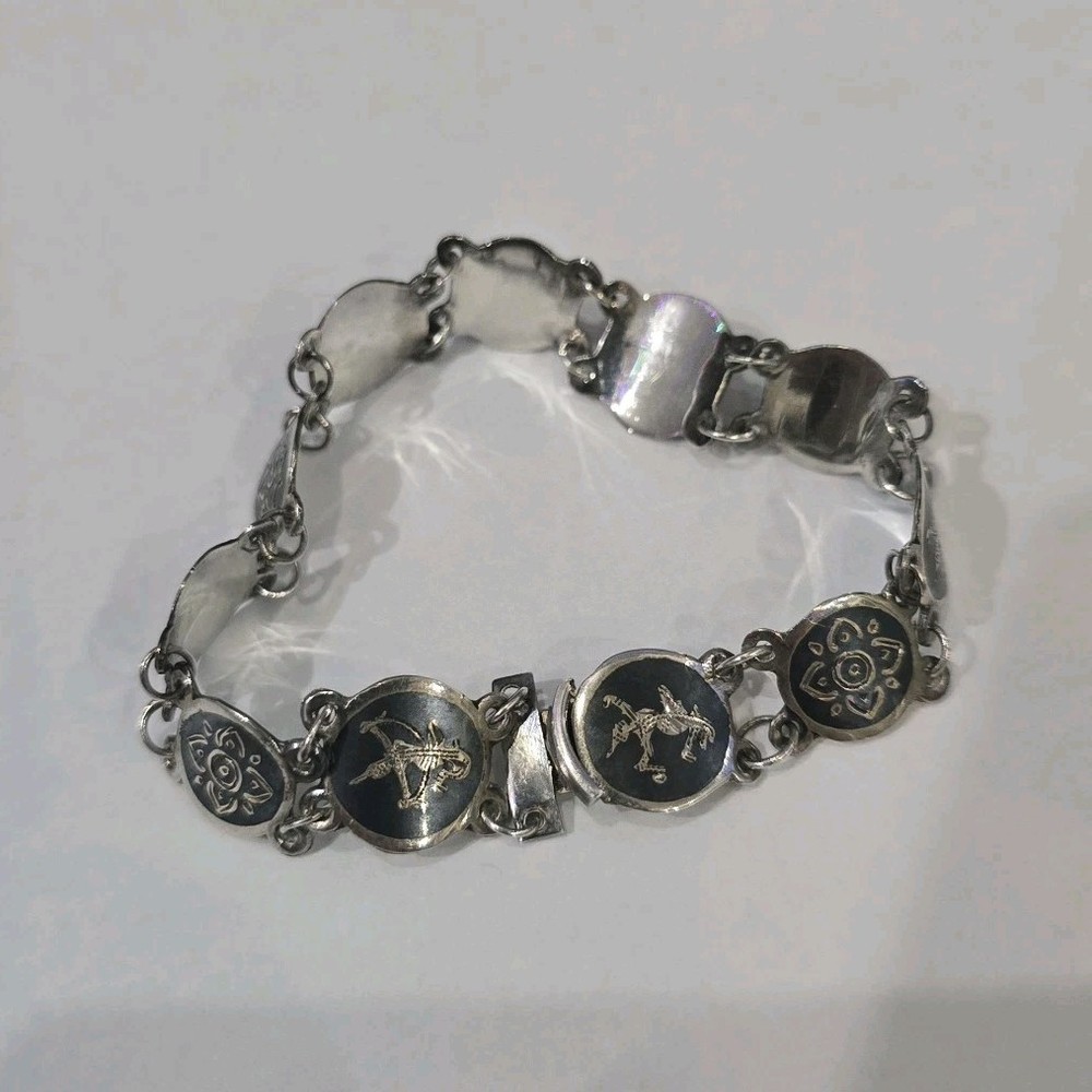 Siam signed Vintage Sterling Silver Black Enamel Link Bracelet