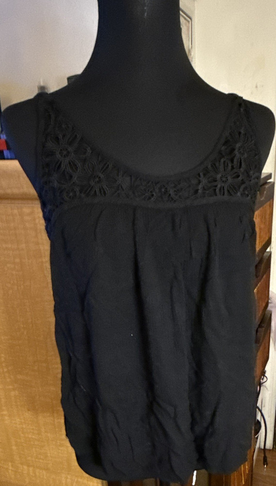 Ambiance Black Lace Yoke Scoop Neck Sleeveless Camisole Tank Top Women's S