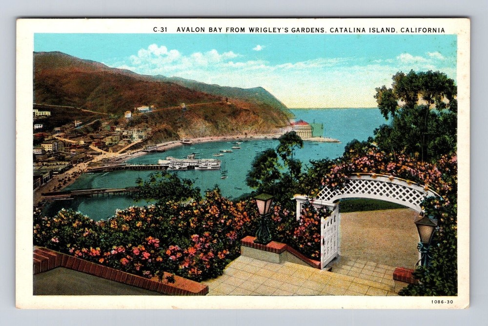 Catalina Island CA-California, Avalon Bay From Wrigleys Gardens Vintage Postcard