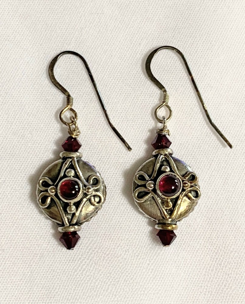 Sterling Silver 925 BALI STYLE GARNET Wire Hook Pierced Dangle Drop Earrings