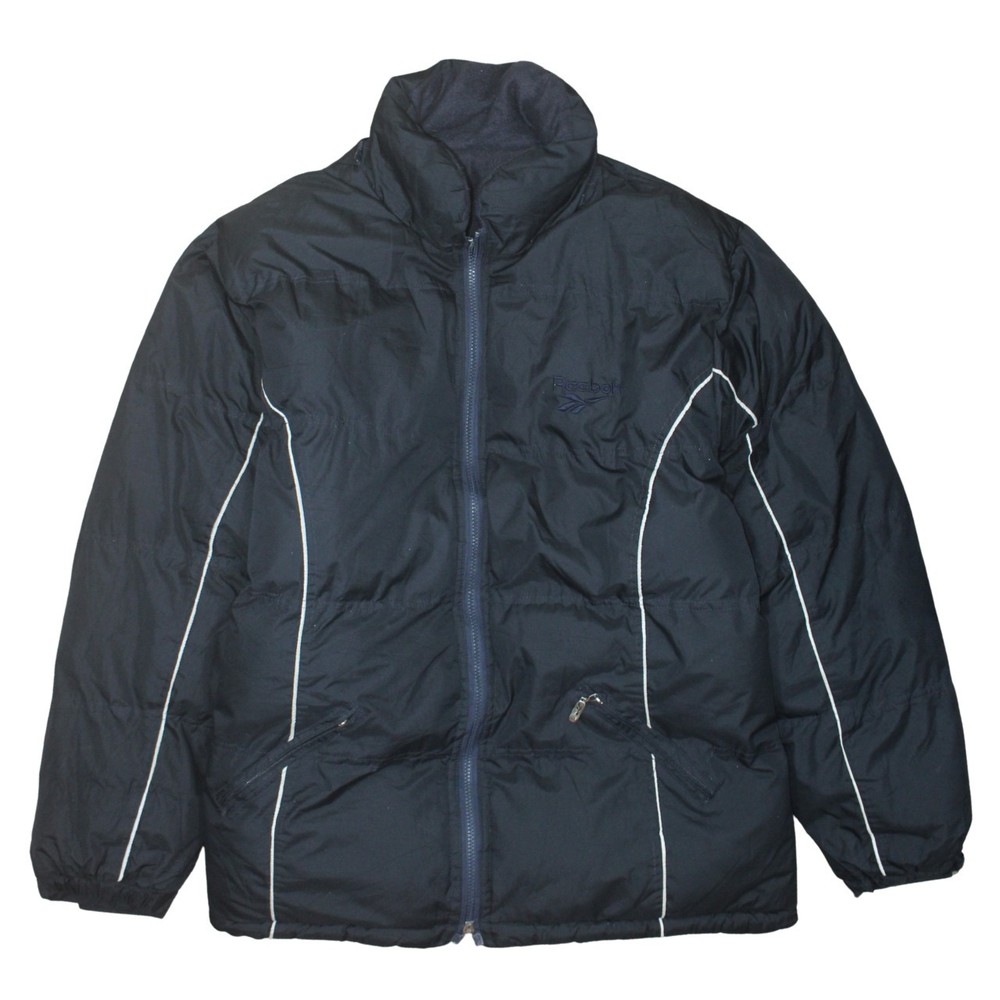 Reebok Mens Puffer Jacket Black Quilted Fleece Lined Zip Pockets Logo Warm L