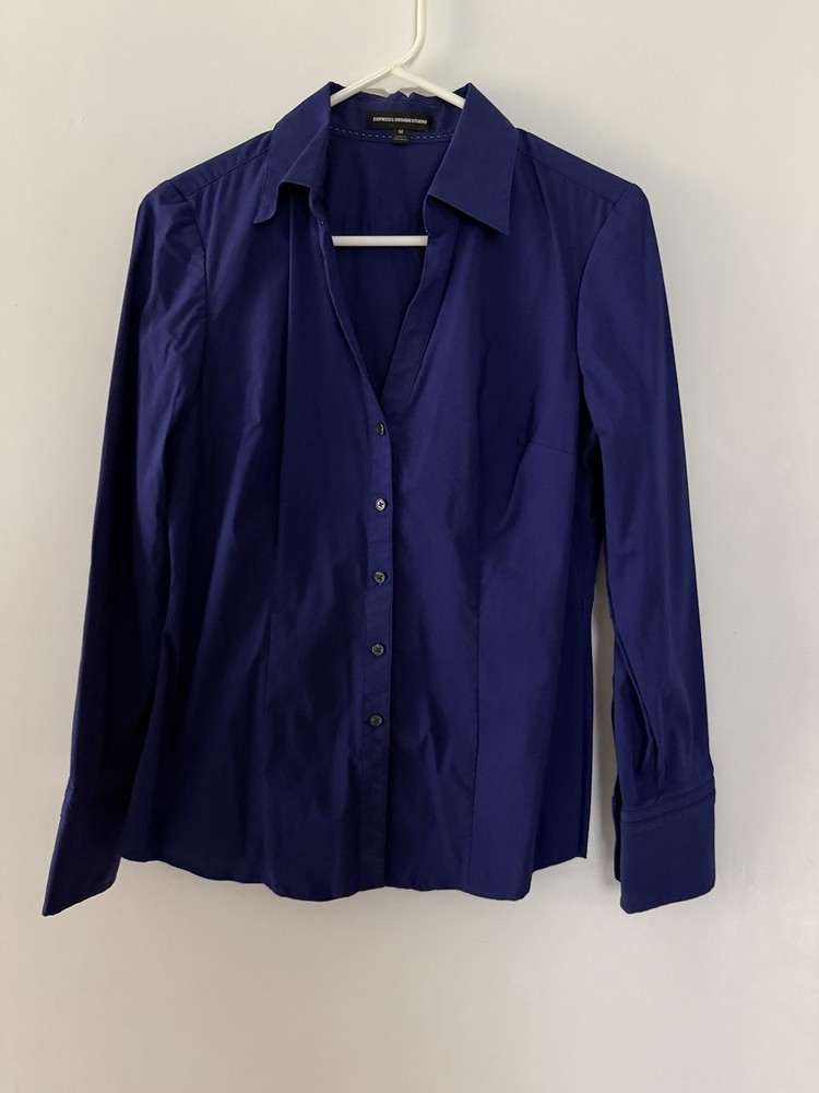 Express Design Studio Women’s Blue Button Down Shirt, Medium Long Sleeve Fitted