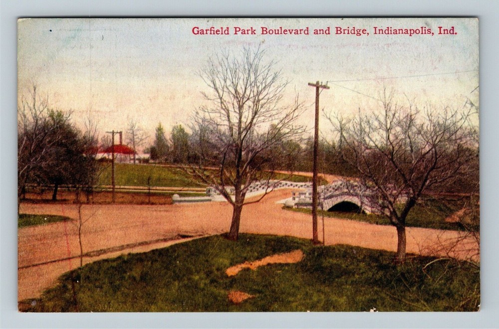 Indianapolis IN-Indiana Scenic Garfield Park Boulevard, Bridge Vintage Postcard