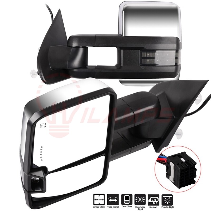 For 15-18 Silverado Sierra Puddle Light Signal Chrome Power Heated Tow Mirrors