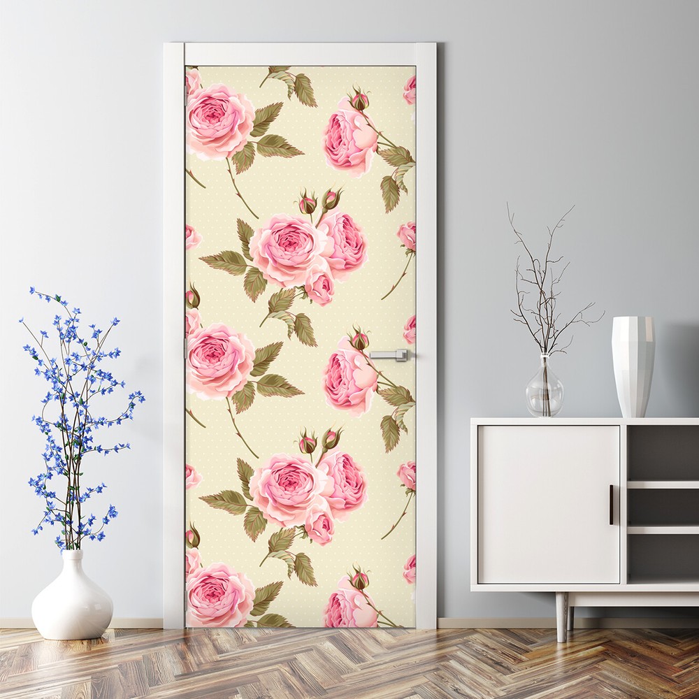 English Roses Bubble-Free Door Sticker Pink Green Traditional Decor Decal