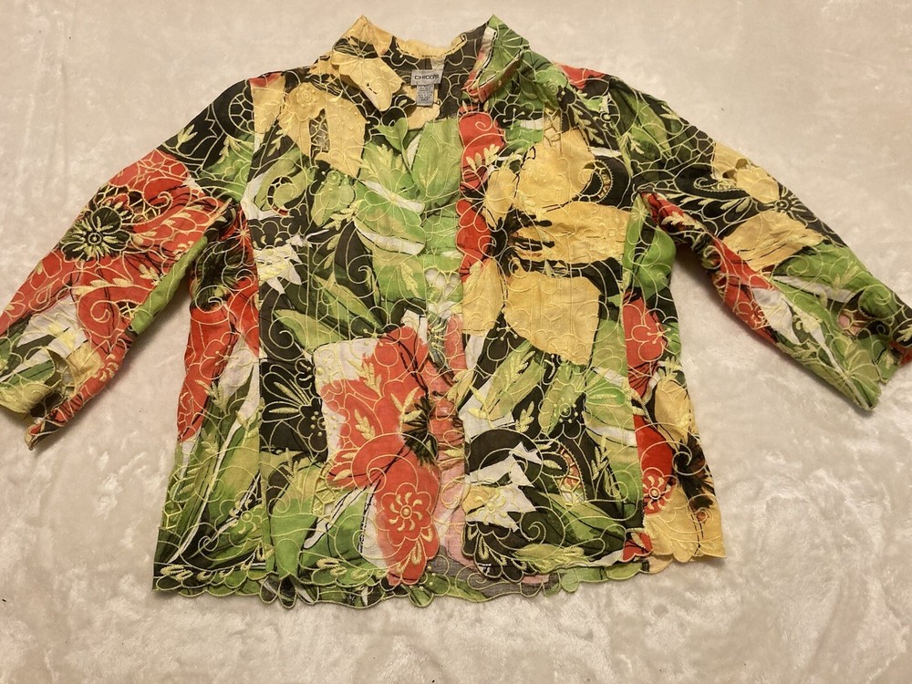 Chico’s Open Blazer Jacket Cutout Floral Embroidered Linen Blend Size 2 Spring L