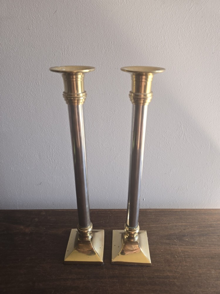 Set Of 2 Vintage Brass & Silver  Tapered Candle Holders Holiday Events Boho