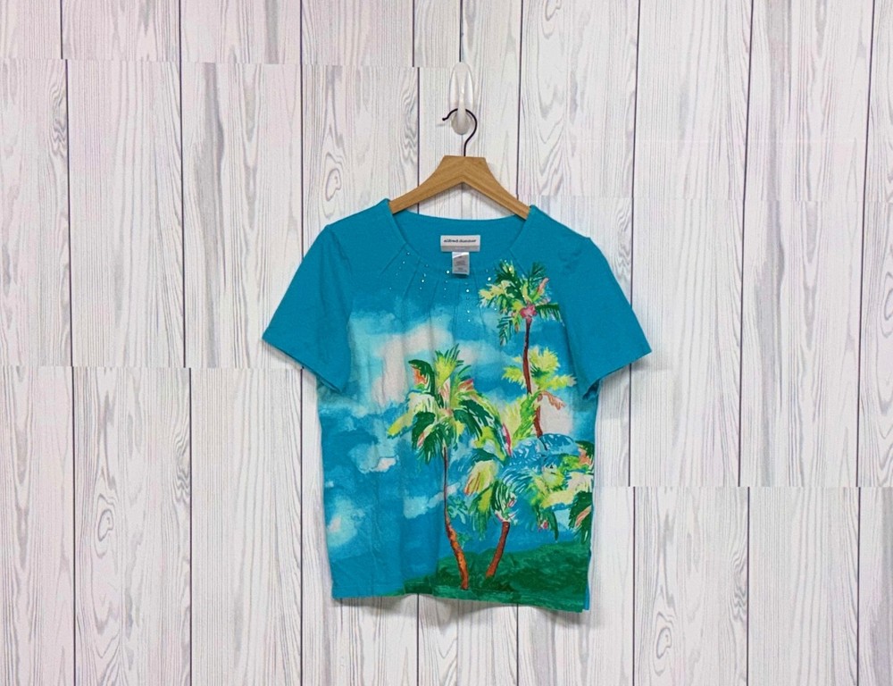 Alfred Dunner top womens size petite medium short sleeve blue patterned blouse