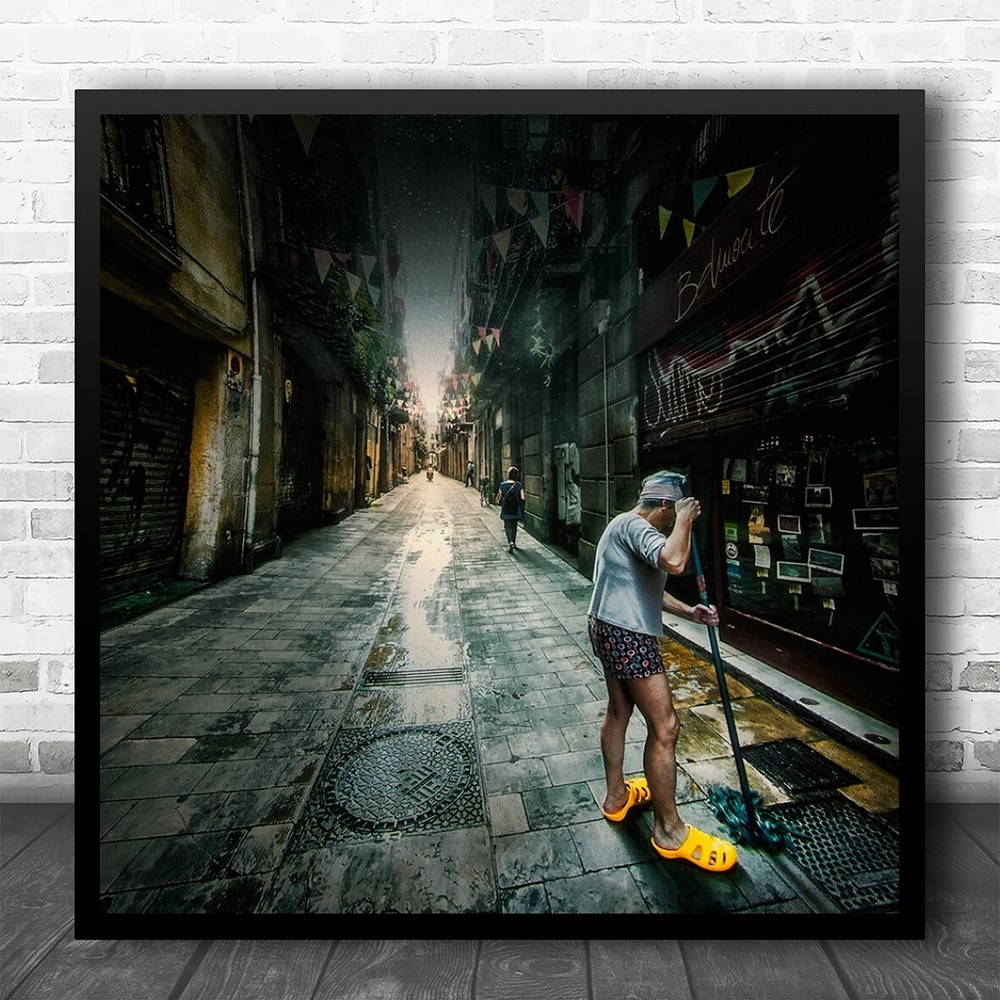 Barcelona Wipe Fisheye Street Cleaner Mop Alley Square Wall Art Print