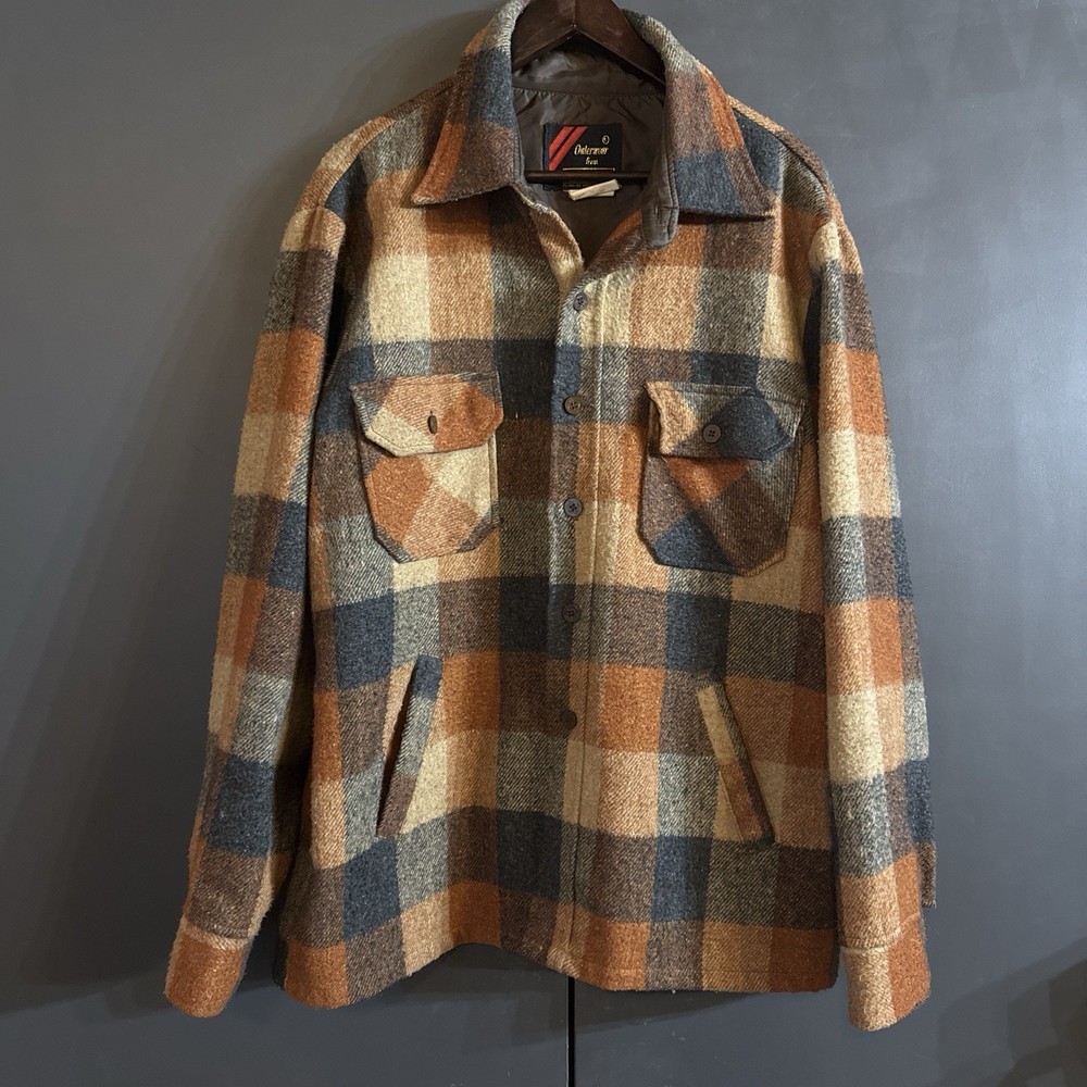 Vintage 70s Sears Roebuck Plaid Wool Flannel Jacket Mens Large Tan Brown VTG