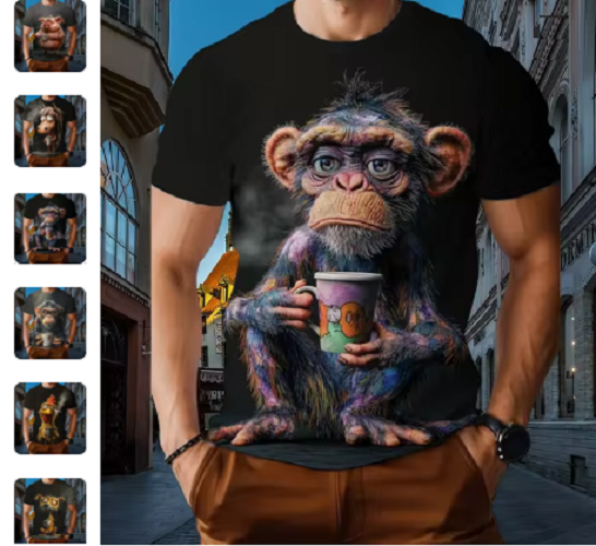 Tired Animal with Coffee Design Mens Graphic T-shirt Short Sleeve Print Tee Top