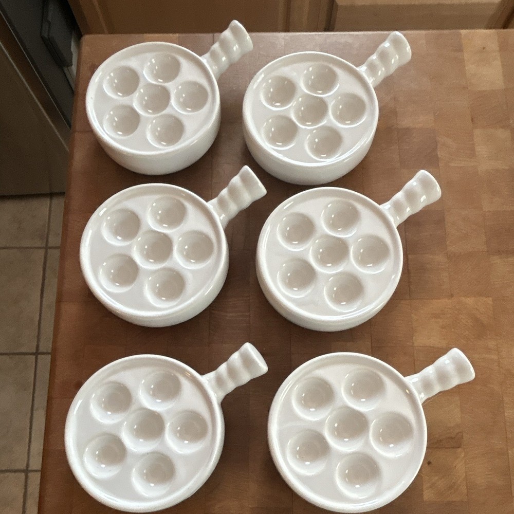 White Porcelain Escargot Baking Serving Footed Plates Set of 6
