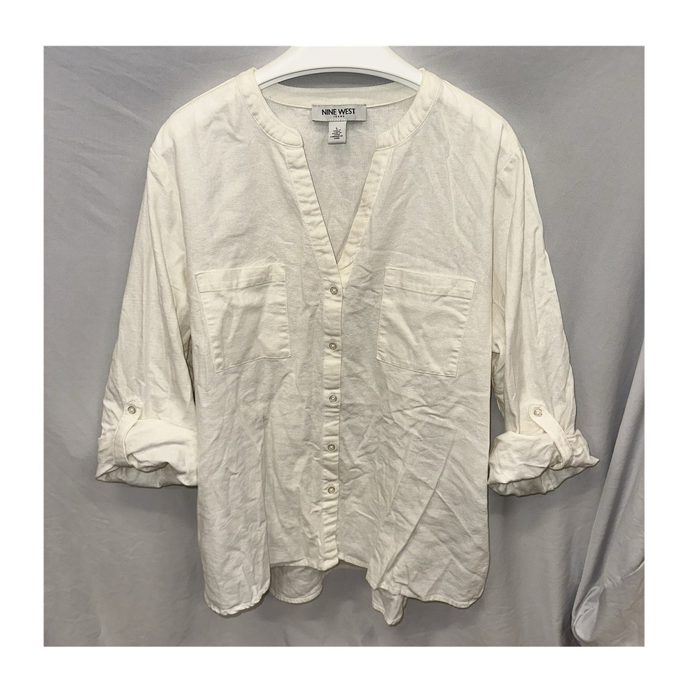 Nine West Jeans Women’s L White V-Neck Long Sleeve Button Blouse w/ Pockets