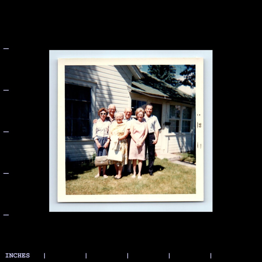 Square Color Photo MEN WOMEN STANDING OUTSIDE HOUSE 1966