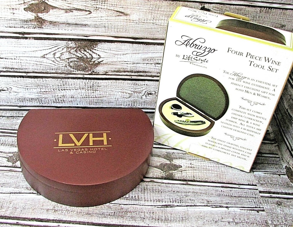 New ABRUZZO 4 Piece Wine Tool Set in Wood Box with LVH LAS VEGAS HOTEL & CASINO-image