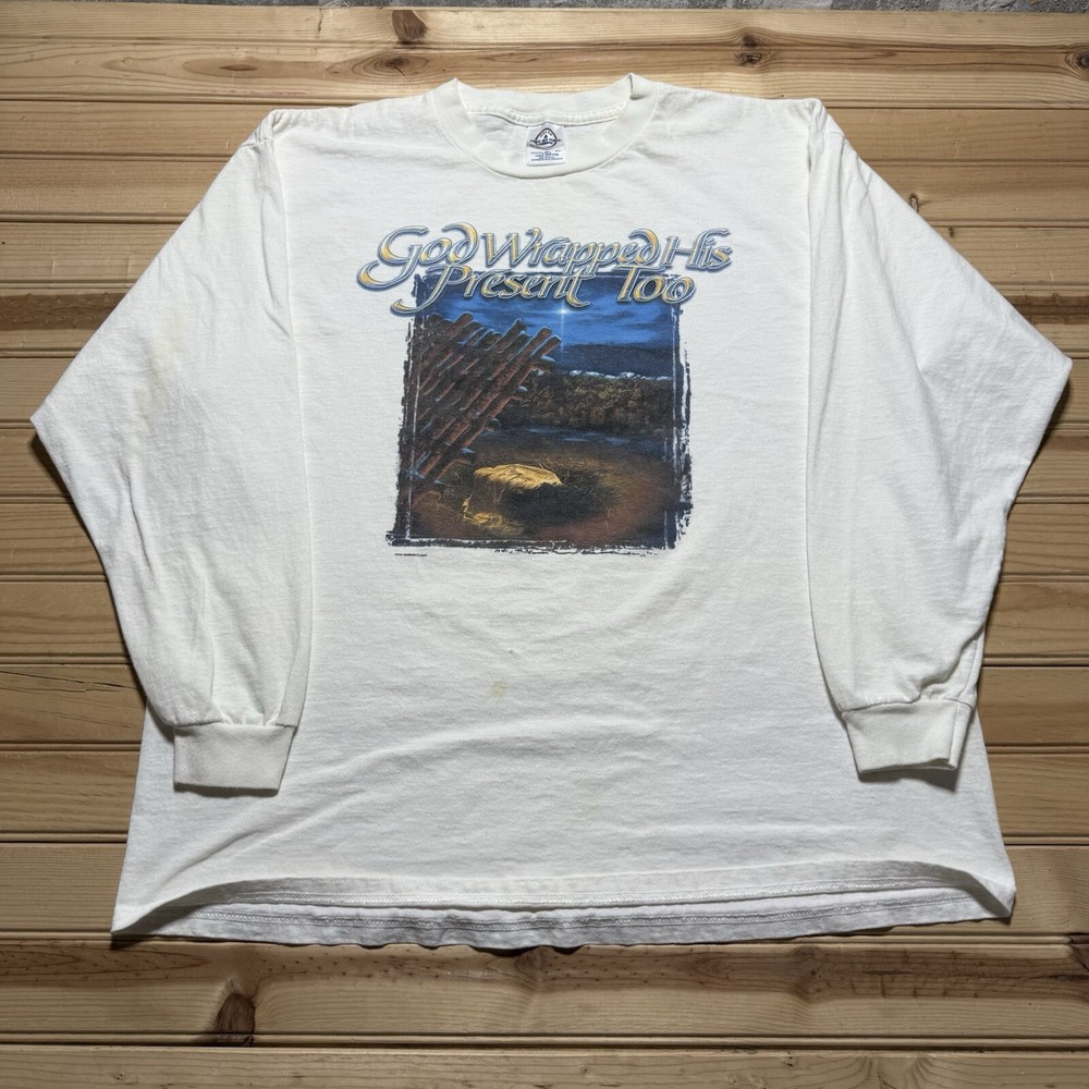 Vintage 90s God Wrapped His Christmas Present Too Long Sleeve Jesus Shirt Sz XL